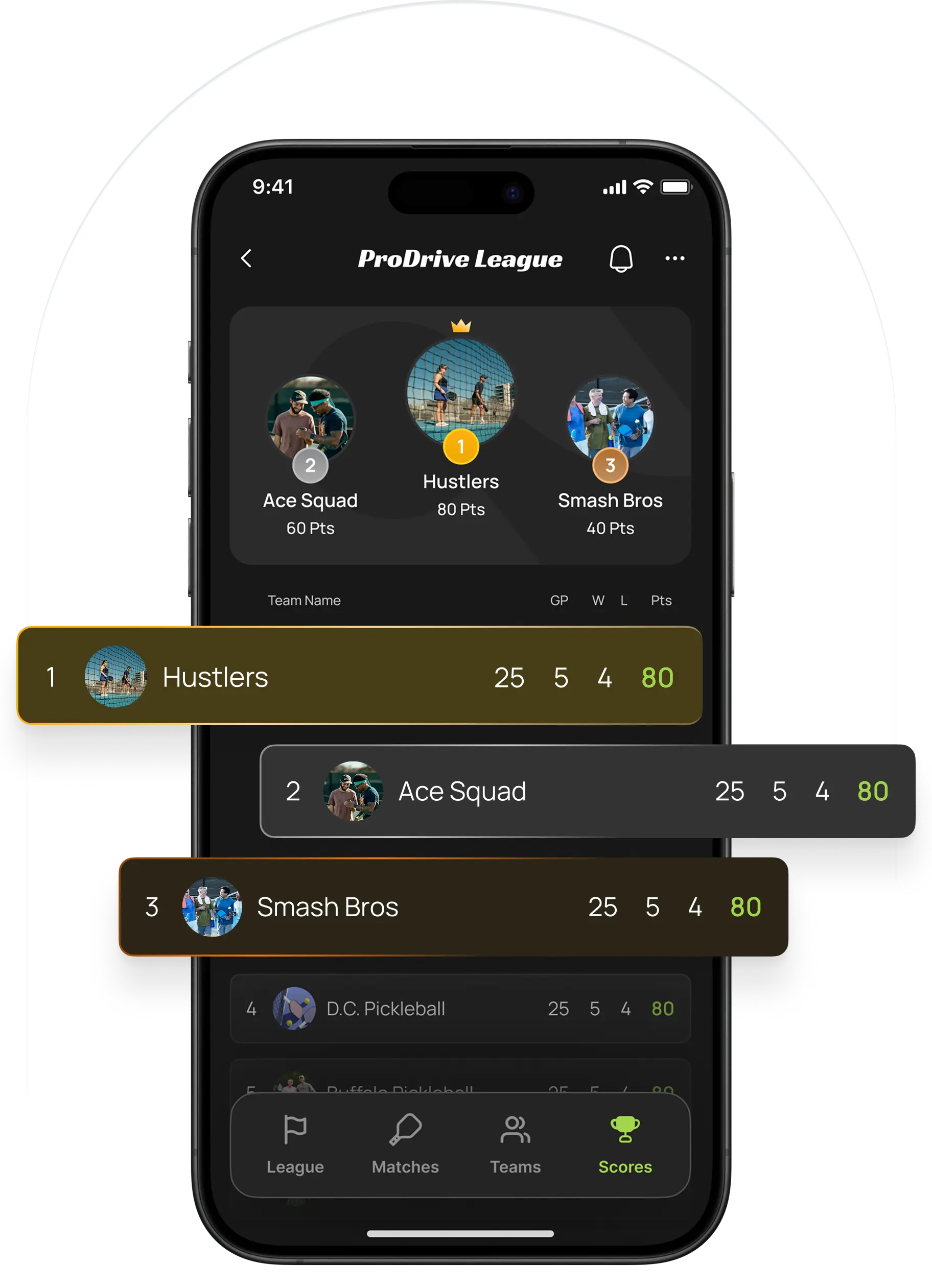App screen with match stats